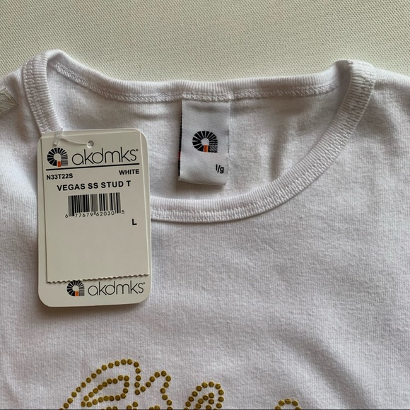 Akdmks White T Shirt Gold Tone Letters Glitter Studs Sz L NWT - Picture 11 of 11
